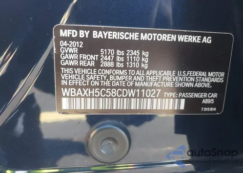 2012 BMW 528I xDrive from USA, damaged, VIN WBAXH5C58CDW11027